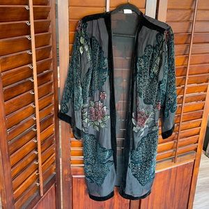 Mesh and colored crushed velvet artistic kimono